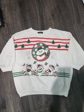 Women’s White Holiday Bear Graphic Sweatshirt with Red & Green Accents